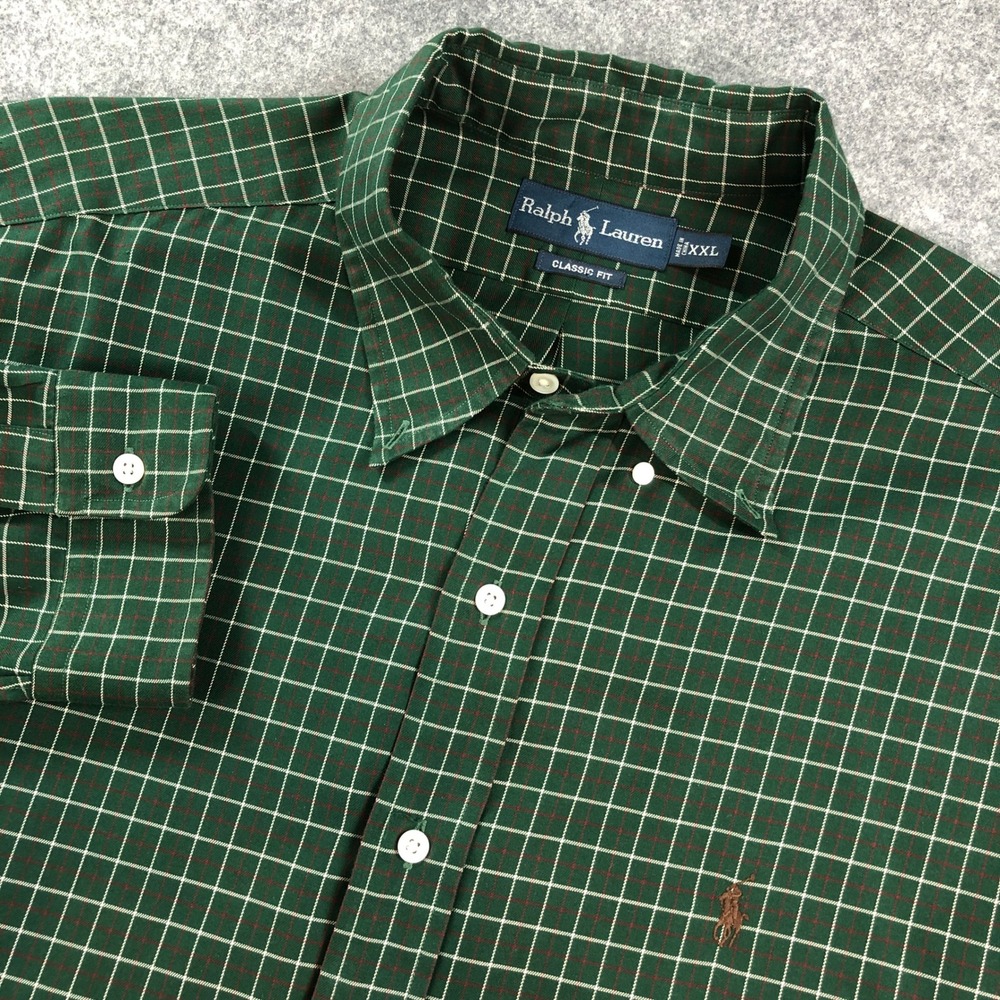 Ralph Lauren Mens Button Down Shirt XXL Green Windowpane Plaid Long Sleeve